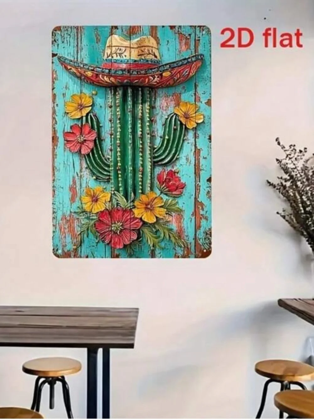 Colorful Cactus Floral Metal Wall Art with Sombrero NEW 🏷️